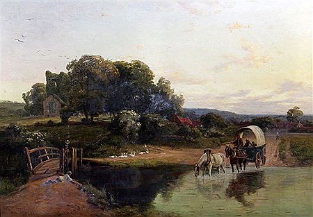 Thomas Pyne : Horses and cart crossing a ford, a church beyond