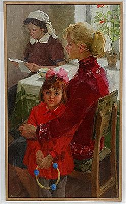 Dimitri Ivanovich Shmelev : 'Letter from Afghanistan', Woman reading a letter sat at a table with mother and child