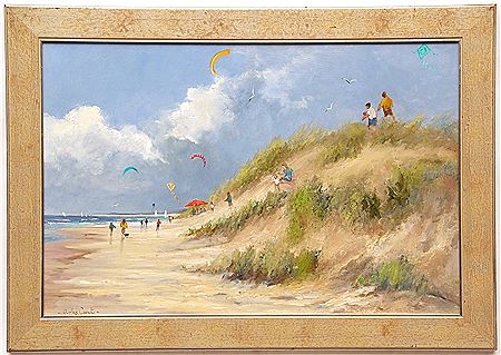 Shirley Carnt : NORFOLK BEACH SCENE WITH FIGURES AND KITE FLYERS