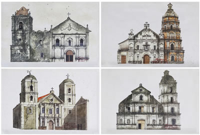 Rodolfo Ragodon : 'a.) Church, Sta Maria Bulacan, b.) Church of San Agustin After the Earthquake, c.) Church of Binondo Manila, d.) Church of Aguilar, Pangasinan' (4)