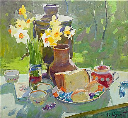 Sergei Kovalenko : STILL LIFE WITH DAFFODILS, CERAMICS AND CHEESE