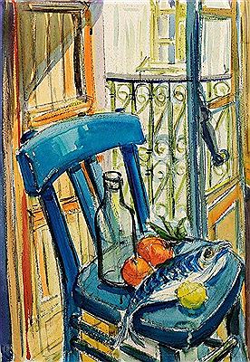 Hans Waiblinger : Blue chair with bottle, fish and citrus