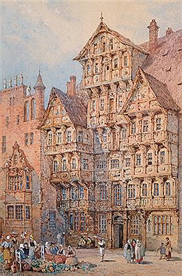 Samuel Read : Old Houses in the Market, Hildesheim (Germany), with Vegetable Sellers in the foreground