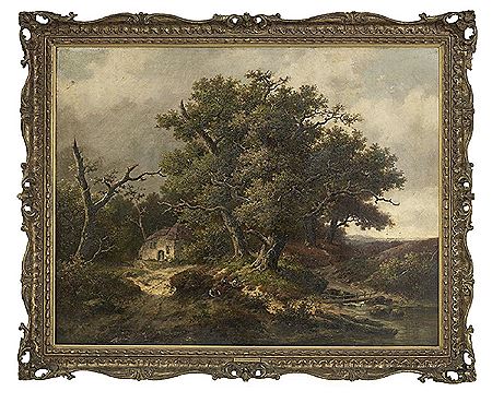 Hendrik Pieter Koekkoek : 'Landscape with Cottage, River and Bridge'