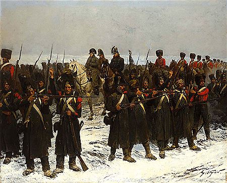 Georges Louis Hyon : Grenadiers à pied de la garde faisant le coup de feu en protection de l’Empereur Napoléon Ier, durant la Retraite de Russie.