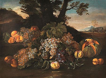 Bartolomeo (Il Giovane) Castelli : NATURA MORTA DI FRUTTA E UNA BATTAGLIA SULLO SFONDO