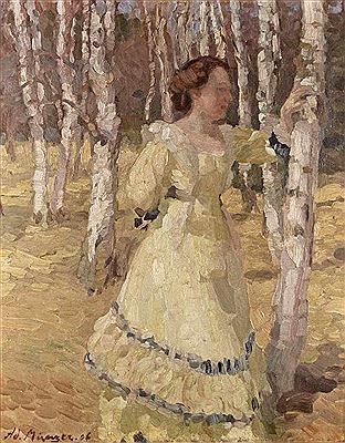 Adolf Franz Theodor Munzer : Young woman in a birch grove