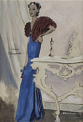 Pierre Mourgue : Élégante en robe bleu pour Schiaparelli - Couverture de Modes et Travaux