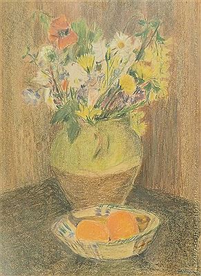 Edith Berger : Bouquet of flowers in a vase and basket of oranges