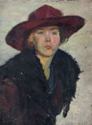 Alfred Schutze : Porträt einer Dame mit rotem Hut.