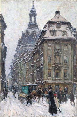 Fritz Beckert : Dresden - Rampische Straße mit Blick auf die Frauenkirche.