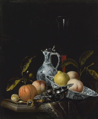 Juriaan van Streek : STILL LIFE WITH A CHINESE BLUE AND WHITE PORCELAIN BOWL AND EWER, A SILVER PORRINGER, FRUIT AND OTHER OBJECTS, ON A PARTLY DRAPED TABLE