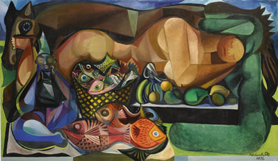 Emiliano Di Cavalcanti : RECLINING NUDE WITH FISH AND FRUIT