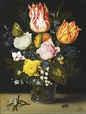 Ambrosius (AB) (The Elder) Bosschaert : STILL LIFE OF FLOWERS IN A BERKEMEIJER GLASS BEAKER