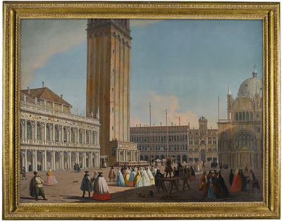 Johan Anton Richter : VENICE, THE PIAZZETTA LOOKING NORTH-WEST TOWARDS THE CAMPANILE, WITH THE BIBLIOTECA, THE PROCURATIE VECCHIE, THE TORRE DELL'OROLOGIO AND NUMEROUS FIGURES IN CARNIVAL COSTUME AND A MAN IN POLISH DRESS