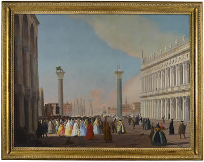 Johan Anton Richter : VENICE, THE PIAZZETTA LOOKING SOUTH FROM THE BASILICA DI SAN MARCO WITH THE BIBLIOTECA AND A CROWD GATHERED TO WATCH A COMEDIA DELL' ARTE PERFORMANCE, THE COLUMNS OF SAN MARCO AND SAN THEODORO, THE ISOLA DI SAN GIORGIO MAGGIORE AND THE GIUDECCA BEYOND