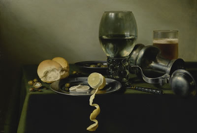 Pieter Claesz : A ROEMER, AN OVERTURNED PEWTER JUG, OLIVES HALF-PEELED LEMON ON PEWTER PLATES