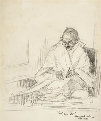 John Henry (JH) Amshewitz : PENCIL PORTRAIT OF GANDHI