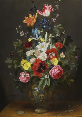 Frans (Francois) Ykens : A STILL LIFE OF ROSES, LILIES, TULIPS AND OTHER FLOWERS IN A VASE WITH A BUTTERFLY