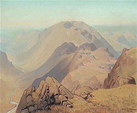 Delmar Harmood Banner : A river winding through a mountainous landscape