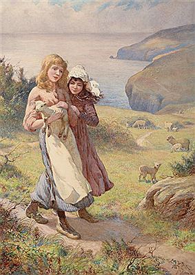 Joseph Kirkpatrick : Country girls holding a lamb before a coastline