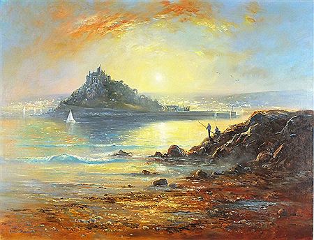 Richard Blowey : St Michael's Mount from Marazion - fishermen on the rocks at sunset