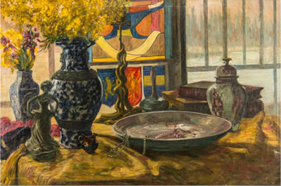 Adrien Godien : Nature morte au vase et mimosa