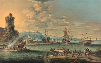 Johann Anton Eismann : A harbour with figures on the quayside in the foreground and ships at anchor in the bay beyond