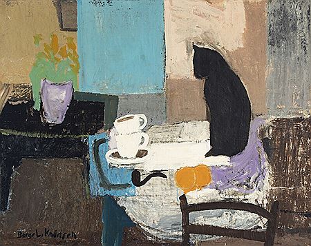 Borge L Knudsen : Interior with a cat sitting on a table.