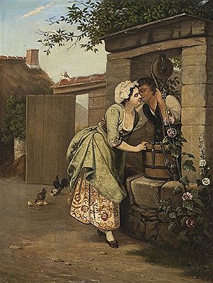 Rudolf Julius Carlsen : Young lovers by the well.