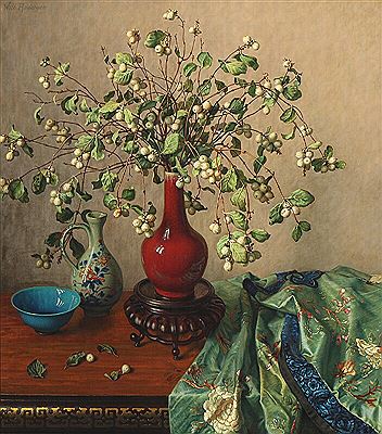 Wilhelm Andersen : Still life with snowberries in a chinese vase