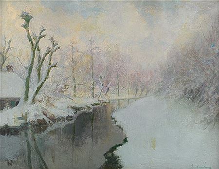 Jan Puyenbroeck : View on a wintery river landscape