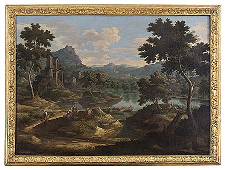 Etienne Allegrain : IDEAL LANDSCAPE WITH RUINS AND FIGURES NEAR A RIVER