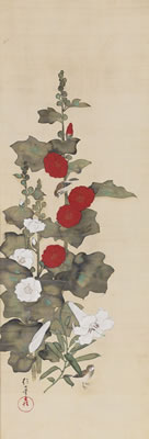 Sakai Hoitsu : SPARROWS AMONGST HOLLYHOCKS