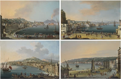 Pietro Antoniani : The Riviera di Chiaia, Naples, from the Convento di Sant Antonio, with Vesuvius beyond; Posillipo, Naples, from the Riviera di Chiaia; The Strada Nuova, Naples, looking towards the Castello del Ovo; Naples; and The Strada di Santa Lucia, Naples, from Pizz