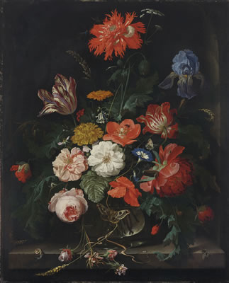 Abraham Mignon : A fringed red poppy, a tulip, an iris, roses, poppies and other flowers with insects in a glass vase on a stone ledge