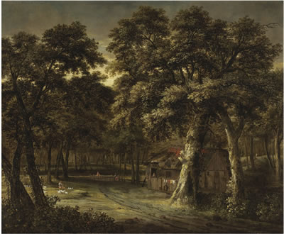 Philip De Koninck : A woodland landscape with a cottage and figures