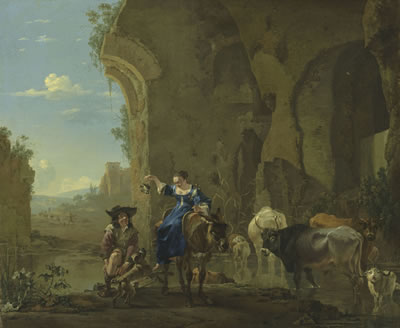 Jan Asselyn : An Italianate landscape with travellers by a stream with cattle