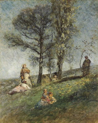 Adolphe Joseph Thomas Monticelli : A young family under trees on a hill