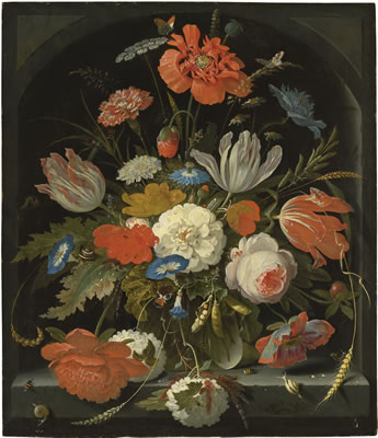 Abraham Mignon : Flowers in a glass vase, with snails and insects, in a niche