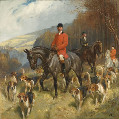 John Charlton : Mr & Mrs Lewis Priestman on hunters with the Braes of Derwent hunt, in a landscape