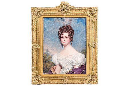 William John Newton : Portrait miniature of Mrs Goad, later Lady Bradford, facing left, wearing a white silk and gauze dress, ochre-lined plum cloak around her arms, her dark hair dressed in curls, landscape background