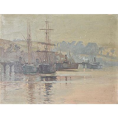 Herbert Kerr Rooke : Ships by a jetty