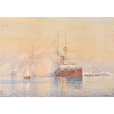 Herbert Kerr Rooke : Royal Yacht Britannia bringing Queen Victoria’s coffin from the Isle of Wight to Portsmouth