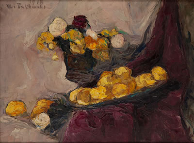 Wlodzimierz Terlikowski : Still life with fruit and flower bouquet, 1918