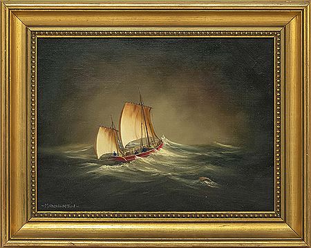 Philip Marchington : Small sailing vessel in stormy seas