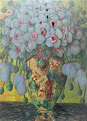 Carl Strathmann : 'Goldene Vase mit grau/lila Blumen'