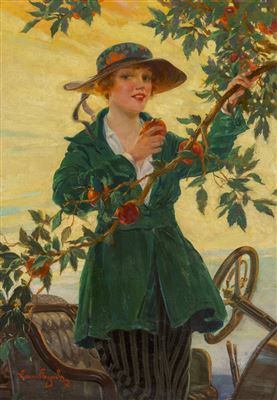 Vincent Lynch : Young Woman Picking an Apple, possible cover for car magazine, 1916