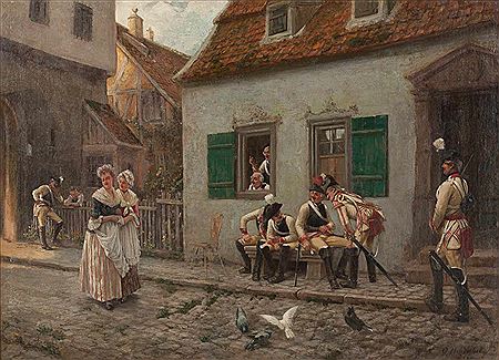 Ottmar Hendschel : A shy glance - soldiers meeting two maids in front of a pub