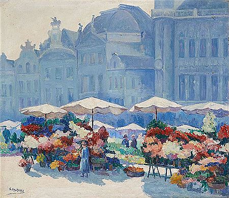 Georges Daumerie : Marché aux fleurs à la Grand Place de Bruxelles.